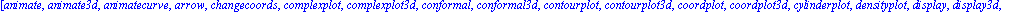 [animate, animate3d, animatecurve, arrow, changecoords, complexplot, complexplot3d, conformal, conformal3d, contourplot, contourplot3d, coordplot, coordplot3d, cylinderplot, densityplot, display, disp...