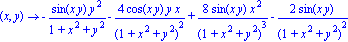 proc (x, y) options 
operator, arrow; 
-sin(x*y)*y^2/(1+x^2+y^2)-4*cos(x*y)*y*x/(1+x^2+y^2)^2+8*sin(x*y)*x^2/(1+x^2+y^2)^3-2*sin(x*y)/(1+x^2+y^2)^2
 end proc