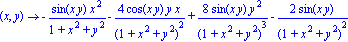 proc (x, y) options 
operator, arrow; 
-sin(x*y)*x^2/(1+x^2+y^2)-4*cos(x*y)*y*x/(1+x^2+y^2)^2+8*sin(x*y)*y^2/(1+x^2+y^2)^3-2*sin(x*y)/(1+x^2+y^2)^2
 end proc