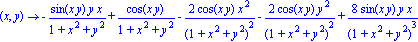 proc (x, y) options 
operator, arrow; 
-sin(x*y)*y*x/(1+x^2+y^2)+cos(x*y)/(1+x^2+y^2)-2*cos(x*y)*x^2/(1+x^2+y^2)^2-2*cos(x*y)*y^2/(1+x^2+y^2)^2+8*sin(x*y)*y*x/(1+x^2+y^2)^3
 end proc
