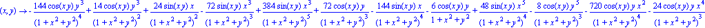 proc (x, y) options 
operator, arrow; 
-144*cos(x*y)*y^3/(1+x^2+y^2)^4+14*cos(x*y)*y^3/(1+x^2+y^2)^2+24*sin(x*y)*x/(1+x^2+y^2)^2-72*sin(x*y)*x^3/(1+x^2+y^2)^3+384*sin(x*y)*x^3/(1+x^2+y^2)^5+72*cos(x*y)*...