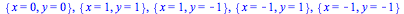 {x = 0,
 y = 0}, {x = 1, y = 1}, {x = 1, y = -1}, {x = -1, y = 1}, {x = -1, y = 
-1}